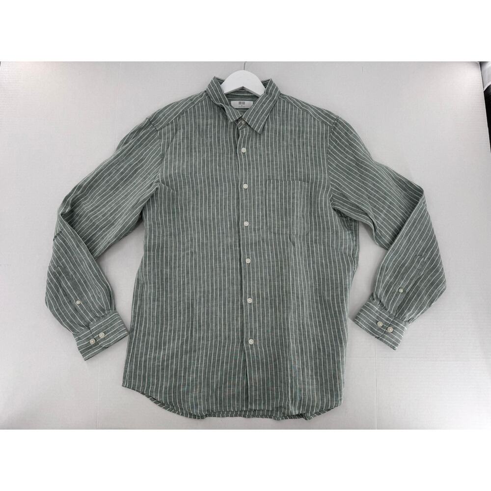 Uniqlo Dress Shirt 100% Linen Men’s Sz M Green White Stripe Button Down Long